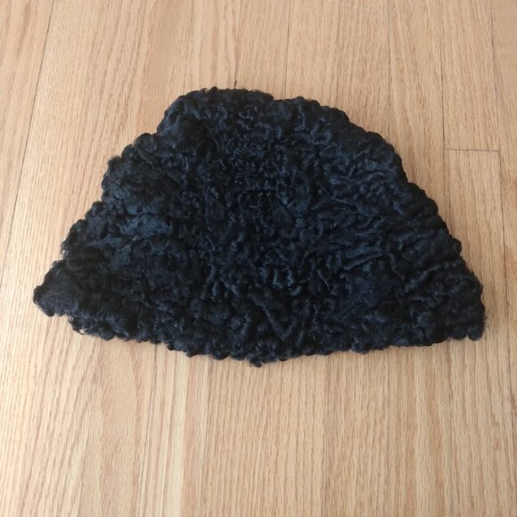 Vintage Curly Lamb Fur Hat Black Winter Garrison Cap XS - Picture 11 of 14